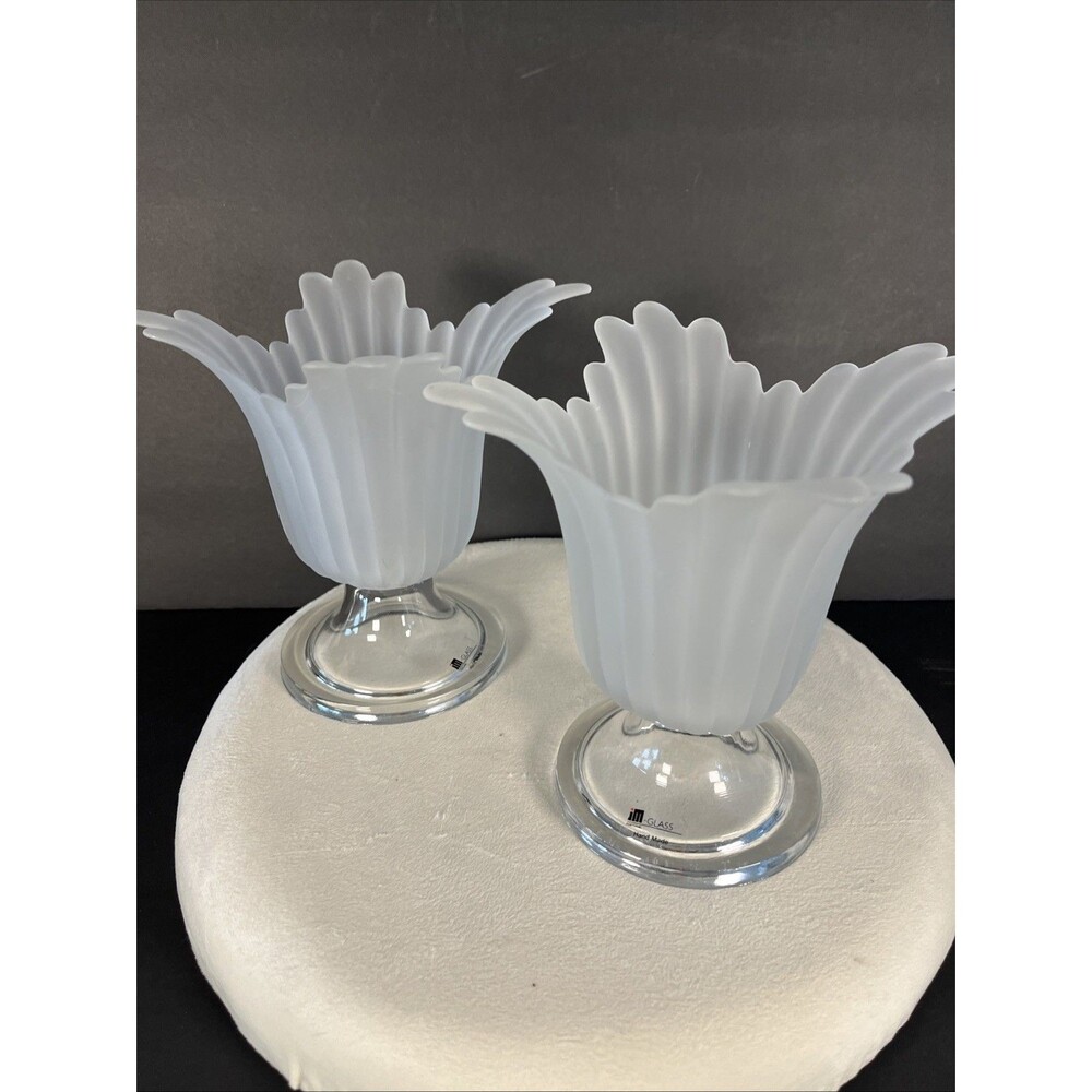 jM GLASS PAIR OF HANDMADE TULIP VASES CANDLE HOLDERS FROSTED